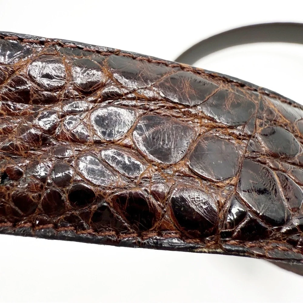 Genuine Alligator Brown Leather Belt with Silver Cable Buckle, Size 42